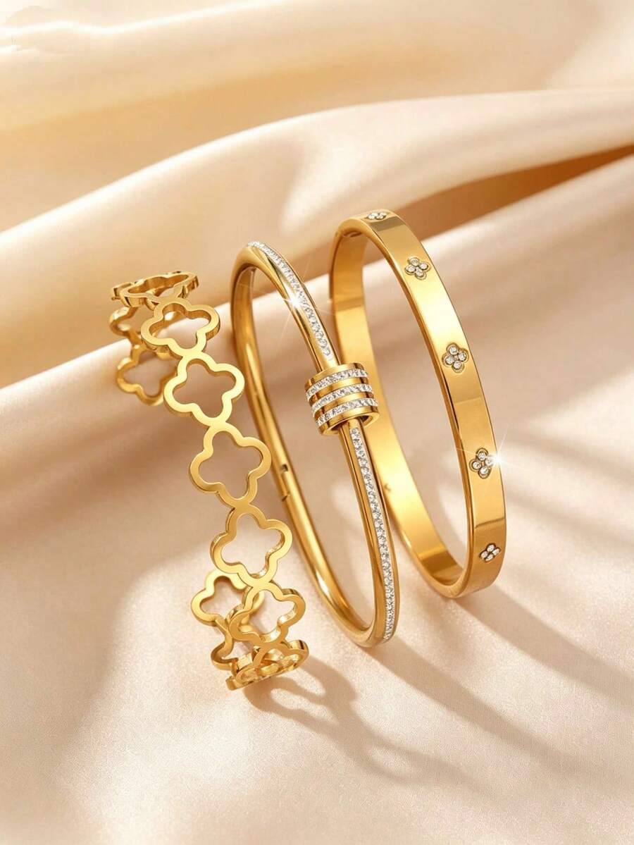 1pc/3pcs Luxury Micro-Pave Rhinestone Bracelet For Women, European And American Fashion Slim Waist Stainless Steel Bracelet, Versatile Jewelry - Yellow Gold - View 1