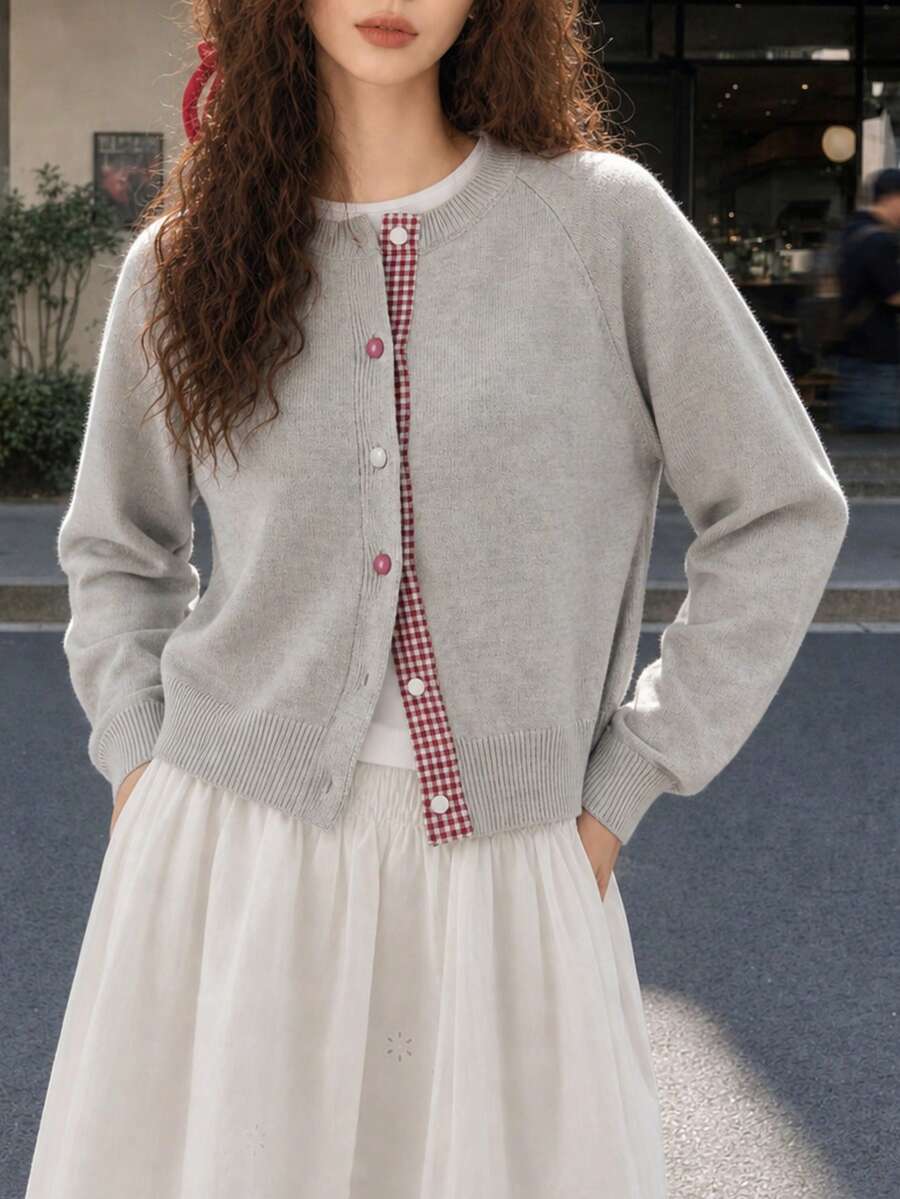 Women's Autumn/Winter Placket Woven Patchwork Cardigan Knit Sweater - Light Grey - View 1