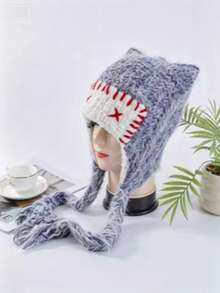 1pc Women's Dopamine Color Little Devil Ear Warmer Headwear, Handmade Contrast Color Tassel Braid Beanie, Autumn/Winter - Multicolor - View 3