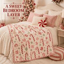 1 Buah Selimut Motif Permen Tongkat Peppermint dan Kepingan Salju, Selimut Dekorasi Liburan Natal Merah Putih Retro untuk Sofa dan Kamar Tidur - MultiWarna - View 2