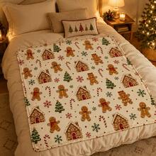 1PC Gingerbread Man Gingerbread House Candy Cane Christmas Tree Print Throw Blanket, Retro Christmas Holiday Decor Blanket For Sofa Bedroom - Multicolor - View 5