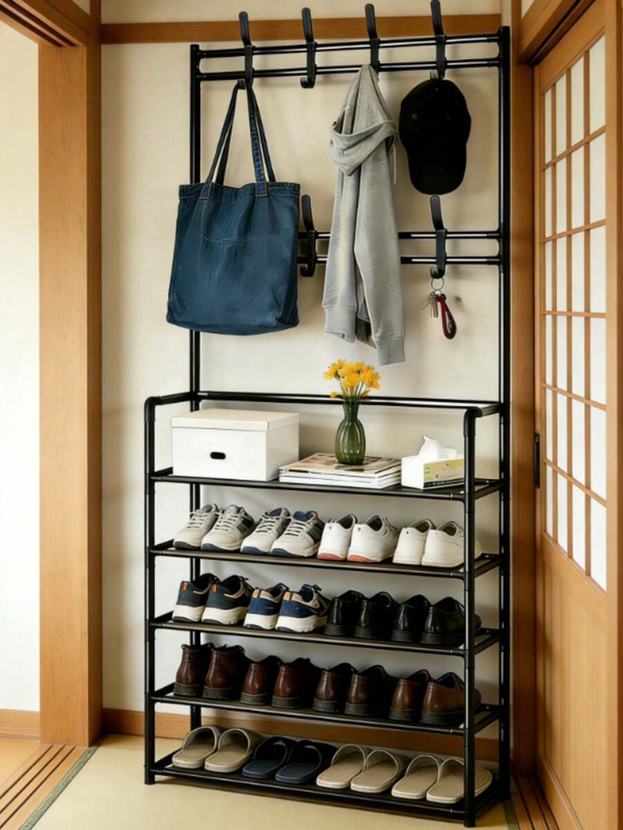 1pc 4-5 Tier Stainless Steel Shoe Rack - Space-Saving, Easy To Assemble, Durable Design For Entryway And Bedroom, Minimalist Style Freestanding Shoe Cabinet | Modern Shoe Rack | Sturdy Structure, Multi-Functional Coat Hooks, Ideal Storage Solution For Home, Living Room And Dorm Organization, Providing Ample Storage Space - Multicolor - View 1
