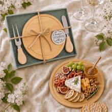 12/6 Sets  Shower Bridal Game Prizes For Winners Round Cheese Board Set Wood Mini Charcuterie Board With Knives And Forks Thank You Card With Gift Box For Guests Wedding - View 9