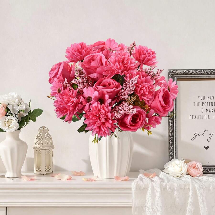 1/3 buah Bunga Buatan, Buket Mawar Palsu, Bunga Daisy Sutra, Bunga Dandelion, Jumlah Besar untuk Dekorasi Pesta Pernikahan, Rumah, Hiasan Meja, Halloween - Rose Red - View 1