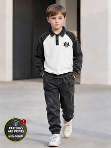 Boys' 2 Pieces Casual Set, Autumn/Winter, Colorblock Raglan Polo Collar Letter Print Top With Distressed Cuffed Long Pants, American Vintage Style - Black - View 2