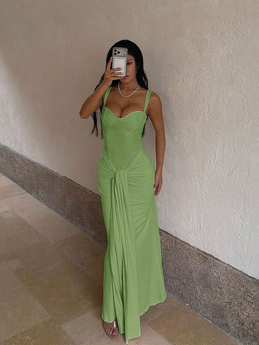 秋冬優雅派對洋裝,蕾絲垂墜奢華晚禮服,適合萬聖節、生日、舞會、婚禮、度假 - 綠色 - 查看 1