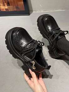 1 Pair Solid Color Preppy College PU Leather Lace-Up Women's Wedge Thick Sole Shoes Office All Season - Black - View 6