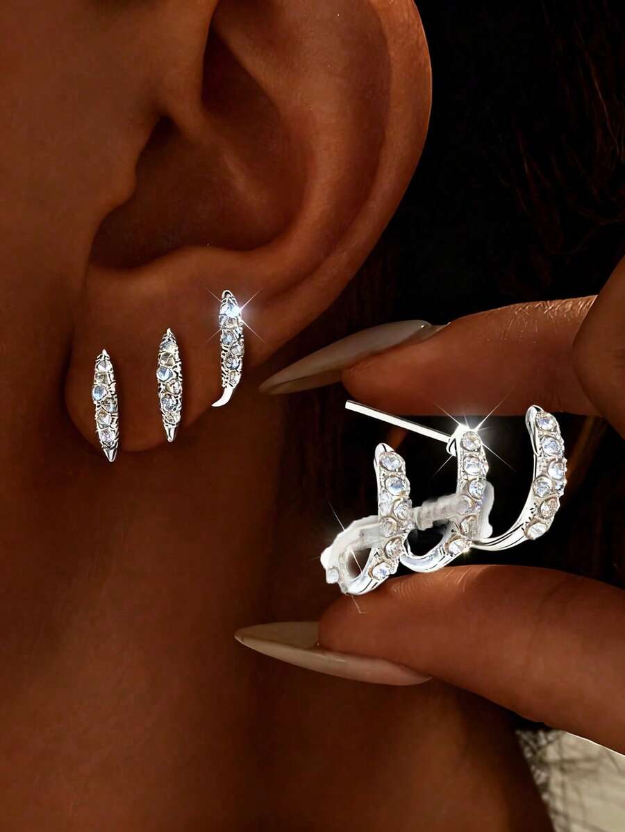 2pcs New Diamond Inlaid Minimalist Design Layered Curved Earrings For Women - Silver - View 1