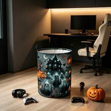 1PC Halloween Decorative Storage Basket, Spooky Ghost Haunted House Pumpkin Bat Spider Web Moon Floral Print Organizer Bin, Multi‑Functional For Clothes Sundries Storage, Home Decor / Fall Decor / Room Decor - Multicolor - View 6