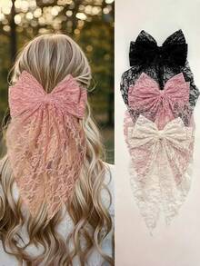 3 buah Jepit Rambut Pita Renda Musim Semi, Aksesori Rambut Pita Panjang Bordir Peri yang Manis dan Elegan, Jepit Rambut Desain Bordir Jala - MultiWarna - View 1