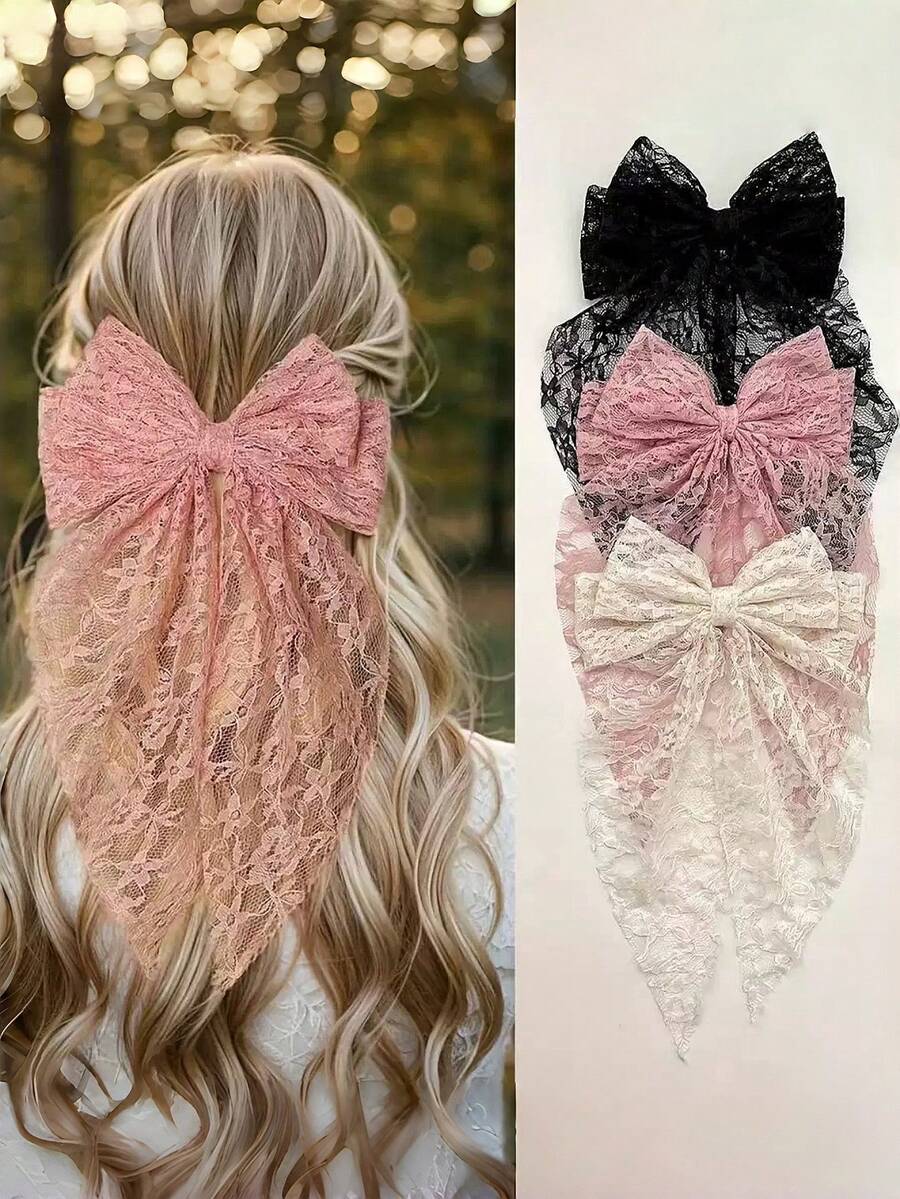 3 buah Jepit Rambut Pita Renda Musim Semi, Aksesori Rambut Pita Panjang Bordir Peri yang Manis dan Elegan, Jepit Rambut Desain Bordir Jala - MultiWarna - View 1
