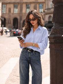 QIANZHIDU Elva Women's Autumn Commute Loose Drop Shoulder Lapel Long Sleeve Shirt, Suitable For Party, Street Style, Outing, Office - Blue - View 6