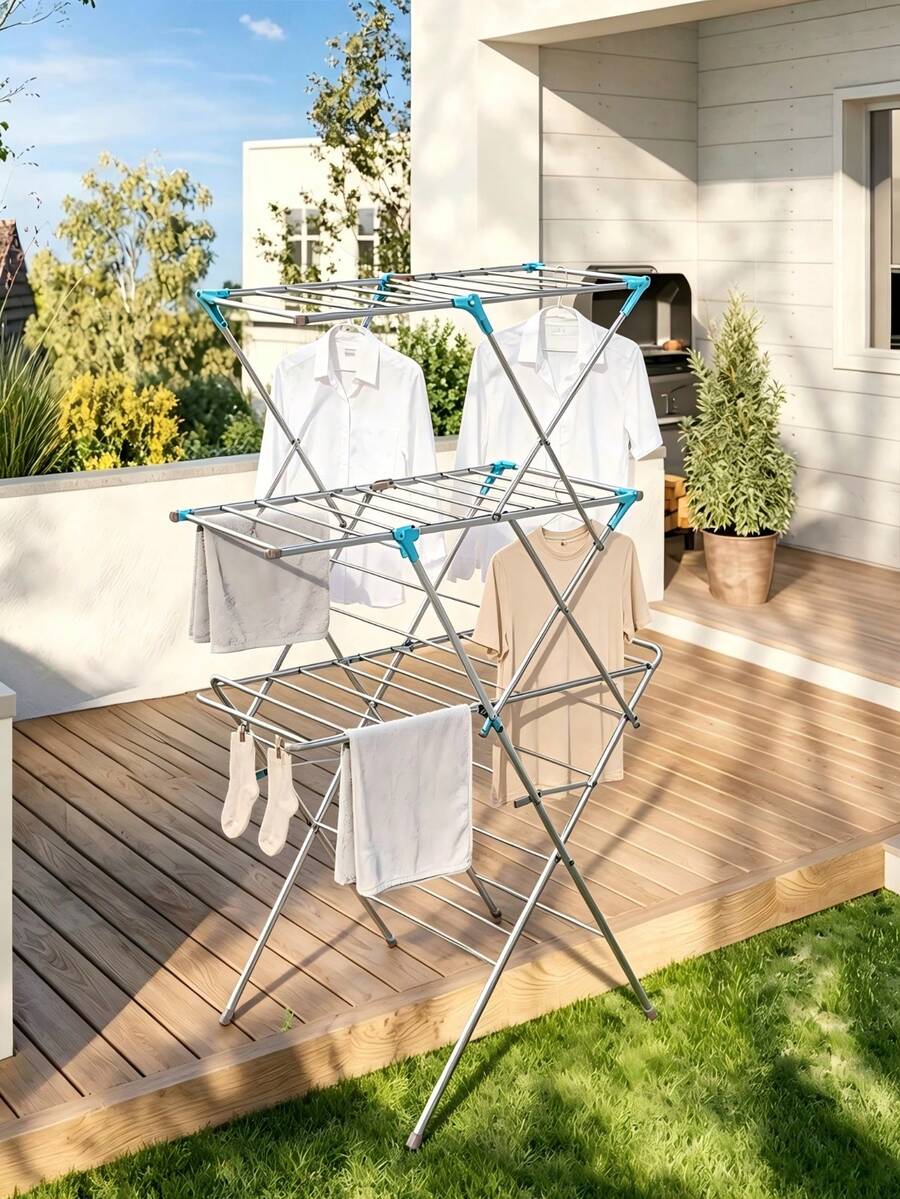 Foldable 3‑Tier Floor Clothes Drying Rack, X‑Type Multi‑Layer Drying Stand, Easy‑To‑Store Indoor Balcony Laundry Dryer For Clothes, Towels And Small Garments - A - View 1