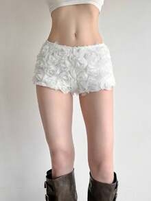 Top Dazzle Women's White Floral Mini Shorts, Glamorous Knit Fabric Straight Leg, Slight Stretch, Create Fashionable Look - White - View 3
