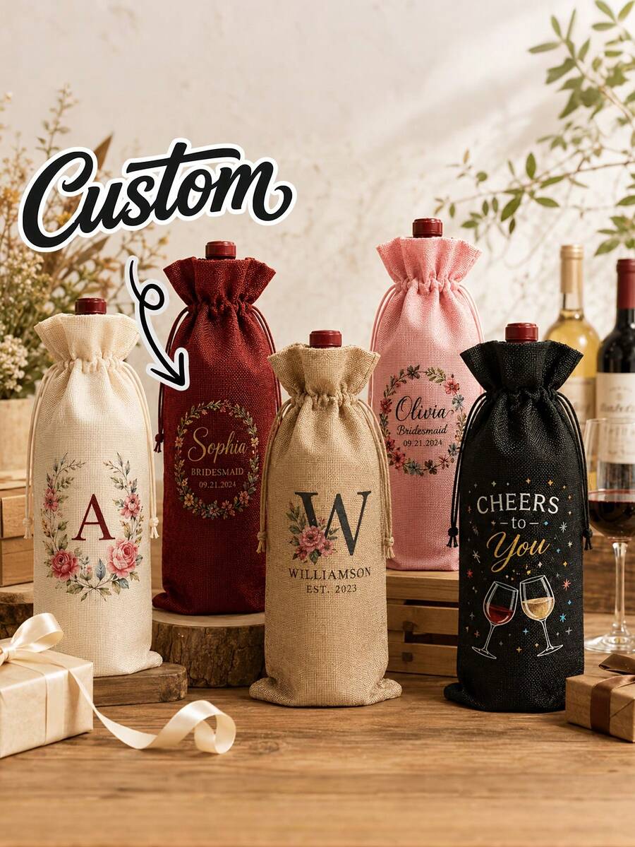 1pc Customized Name Linen Wine Bottle Bag, Personalized Drawstring Wine Gift Bag, Reusable Wine Bottle Sleeve, Suitable For Wedding Party Holiday Gift Packaging - Multicolor - View 1