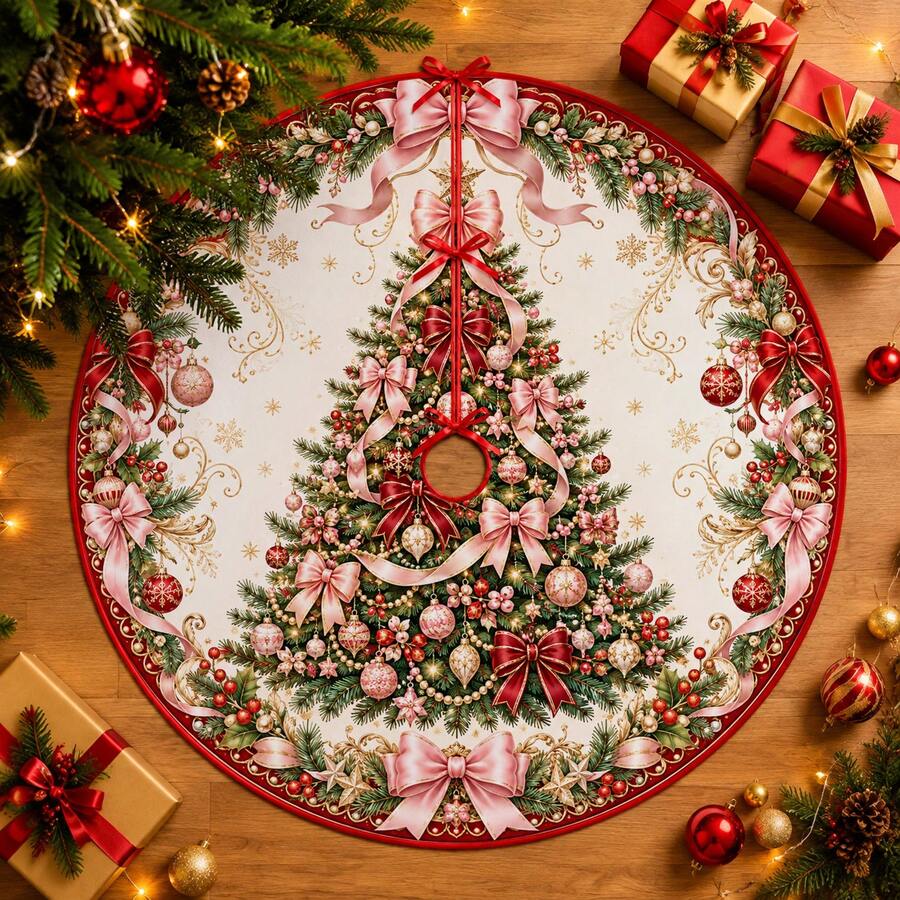 1 buah Alas Pohon Natal Motif Karangan Bunga Tengah, Dekorasi Liburan Warna Elegan, 5 Ukuran, Hadiah Liburan Unisex, Cocok Untuk Dekorasi Rumah dan Pesta Natal - Karangan Bunga Pohon Natal Pusat - View 1