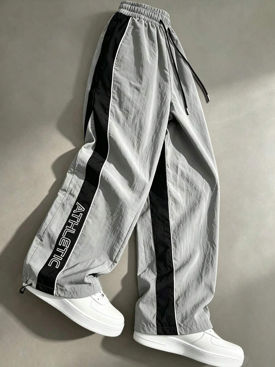 1pc Men's Sporty Lightweight Wide Leg Pants, Side Contrast Color Letter Print Light Gray Woven Convertible Hem Casual Long Pants - Black - View 1