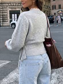 Chic Women's V-Neck Wrap Sweater In Light Grey, Soft Knit With Delicate Lace Edge, Casual Daily Wear Or Spring Outings - Light Grey - View 2