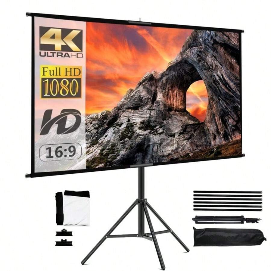 شاشة عرض 100 بوصة مع حامل، قابلة للطي بنسبة 16:9 HD 4K 3D شاشة أفلام داخلية/خارجية مع حقيبة حمل للمسرح المنزلي والتخييم والترفيه