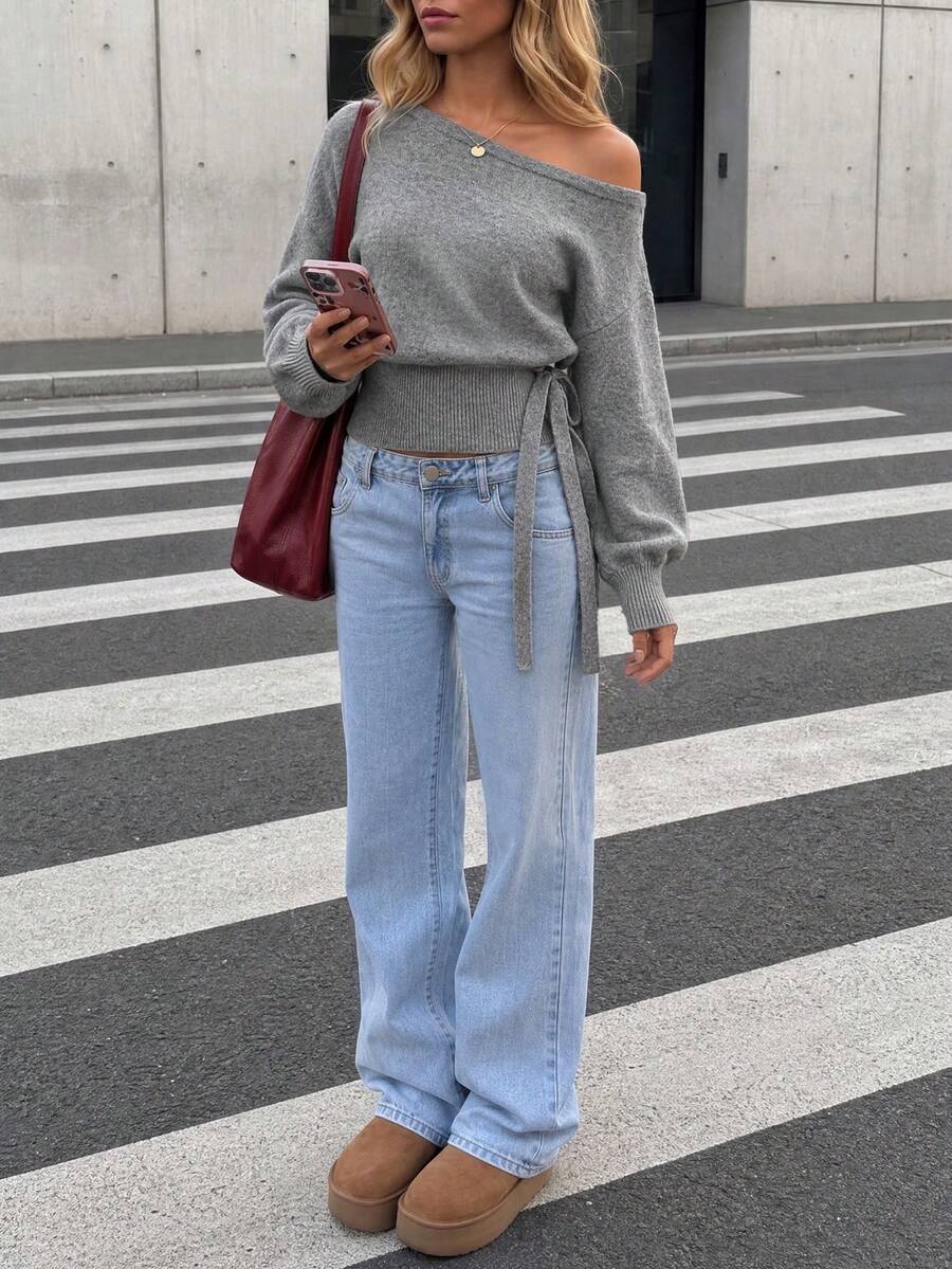 NOVELLE Damen eleganter lässiger grauer asymmetrischer Schulter geraffter Taille kurzer Strickpullover, Langarm, Herbst/Winter, geeignet für lässig elegante Pendler - Grau - Übersicht 1