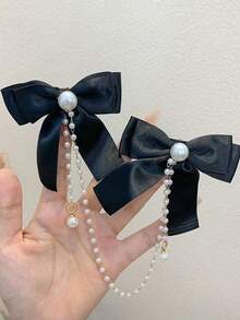 2pcs Mixed Color Hair Clips, Women's Hair Accessories With Faux Pearl Chain Bowknot Hair Clips, Princess Tassel Headpiece For Photo Shoot, Outfit Styling, Girls' Hair Accessories (Paper Card For Display Only) - Multicolor - View 5