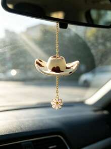 Vintage Denim Hat Car Rearview Mirror Hanging Ornament, Alloy Daisy Pendant Car Interior Decoration For Men And Women - Cowboy Hat + Daisy - View 1