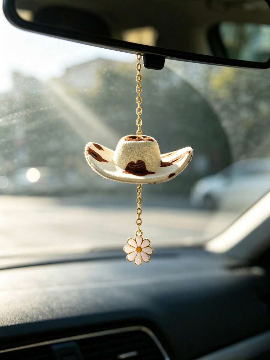 Vintage Denim Hat Car Rearview Mirror Hanging Ornament, Alloy Daisy Pendant Car Interior Decoration For Men And Women - Cowboy Hat + Daisy - View 1
