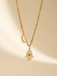 1 Piece Hamsa Hand Pendant Necklace For Women With 26 Letters Charm, Zirconia Eye Design Chain Necklace, Fashion Jewelry, Suitable For Daily Wear - Multicolor - View 22