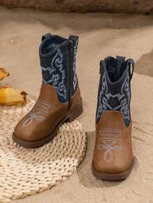 Children's Vintage Embroidered Western Cowboy Boots | 2-8 Years Old Girls, Brown & Navy Blue Contrast Color Exquisite Embroidery, Inner Side Zipper For Easy On And Off, Loose Round Toe No Squeezing Toes, Low Heel Anti-Slip Rubber Sole, Suitable For Outings, Photos, Parties, Autumn/Winter Mid-Calf Boots - Blue - View 1