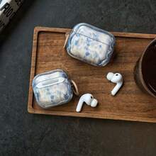 Clear Ice Blue Butterfly Shell Textured Earphone Protective Case, Wavy Edge Soft Outer Shell, Internal Shell Pearlescent Texture Base, Light Beige Background With Clear Ice Blue Butterfly Pattern, Shell Texture Reveals Delicate Flowing Luster Under Light, Fresh And Elegant. Side Hook Position With Light Brown Metal Ring, Can Be Customized With Lanyard And Charms, Convenient For Carrying - Baby Blue - View 4