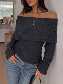 ARA CHIC Women's Off Shoulder Lightweight Ribbed Knit Top, Long Sleeve Foldover Slim Fit Thin Sweater, Dark Gray Casual Party Fall Blouse - Dark Grey - View 3