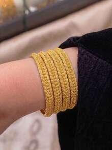 4Pcs 24K Gold Plated Open Bangle Set, Rust-Resistant Gold Alternative Frosted Sandblasted Scalloped Lace Edge Adjustable Metal Solid Bracelet - 01 - View 3