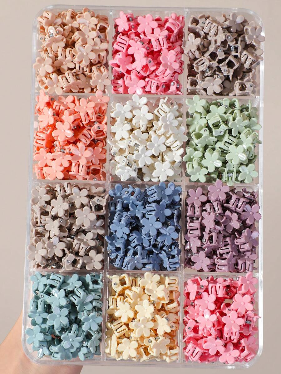 100/200pcs Random Color Morandi Tone Plum Blossom Flower Mini Hair Claw Clips, Simple Versatile Hair Clips For Girls, Girl, Suitable For Vacation Styling - Multicolor - View 1