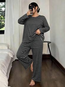 Women's Plus Size Pajama Set, Striped Print, Long Sleeve Long Pants Loungewear Set, Autumn/Winter Clothing - Dark Grey - View 4