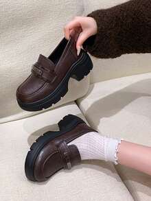 New Versatile Thick Sole Loafers Women's British Style Height-Increasing Slip-On Leather Shoes Retro JK Shoes - Brown - View 3