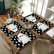 1/4/6pcs Alas Meja Seri Halloween Motif Polkadot Hitam Putih Hantu & Lucu, Alas Meja Tahan Panas untuk Melindungi Meja Dapur/Makan di Rumah, Dekorasi Pesta - MultiWarna - View 11
