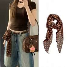 1pc Brown Polka Dot Silk Scarf, Multi-Functional Silk Ribbon, Women's Fashion, Suitable For Daily Wear, Matching Hairband, Necktie And Dress - Multicolor - View 4