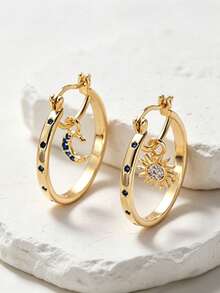 1 Pair Retro Asymmetric Crescent Moon & Sun Rhinestone Earrings, Women's Celestial Hoop Earrings, Jewelry Accessories - Multicolor - View 1