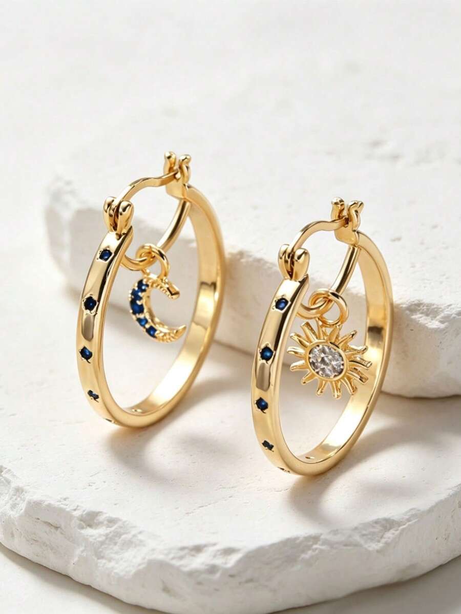 1 Pair Retro Asymmetric Crescent Moon & Sun Rhinestone Earrings, Women's Celestial Hoop Earrings, Jewelry Accessories - Multicolor - View 1
