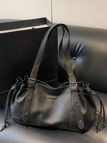 Motorcycle Style Large Capacity Tote Bag, With Double-Sided Drawstrings And Hardware Signage Design, Suitable For Work, Shopping, Daily Travel - Black - View 10