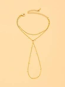 FAAABULS 1pc Gold-Tone Delicate Beaded Finger Bracelet Ring Chain, Small Dot Spaced Pendant Hand Cage Chain, Commute Daily Party Gift Hand Jewelry - Gold - View 5