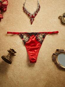 PinupPomp 5pcs Women's Sexy Embroidered Metal Chain Lingerie Set Floral Embroidery Including Sexy Bra, Thong, Garter Belt, Leg Chain - Red - View 14