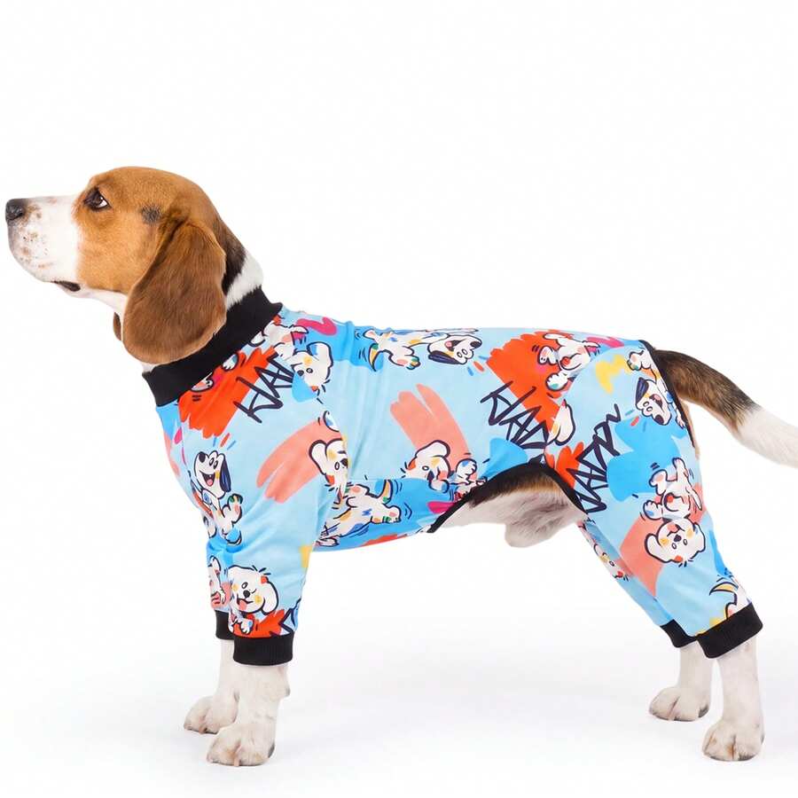 1pc Dog , Cute Style, Soft, Comfortable, Breathable, Anti-Shedding Pet Clothing, Breathable High Elasticity Full Coverage Pet , All-Over Print Design, Dog Pajamas, Pet Loungewear, Suitable For Large, Medium And Small Dogs, All Seasons - Blue - View 1