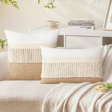Farmhouse Bohemian Style Tassel Patchwork Lumbar Pillow Cushion Cover, Neutral Beige & White Rectangular Decorative Throw Pillowcase, Suitable For Sofa Bedroom Living Room Home Decor - Beige - View 2