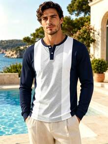 Men's Contrast Color Henley Collar Long Sleeve T-Shirt, Casual Button Placket Round Neck Top - Multicolor - View 2