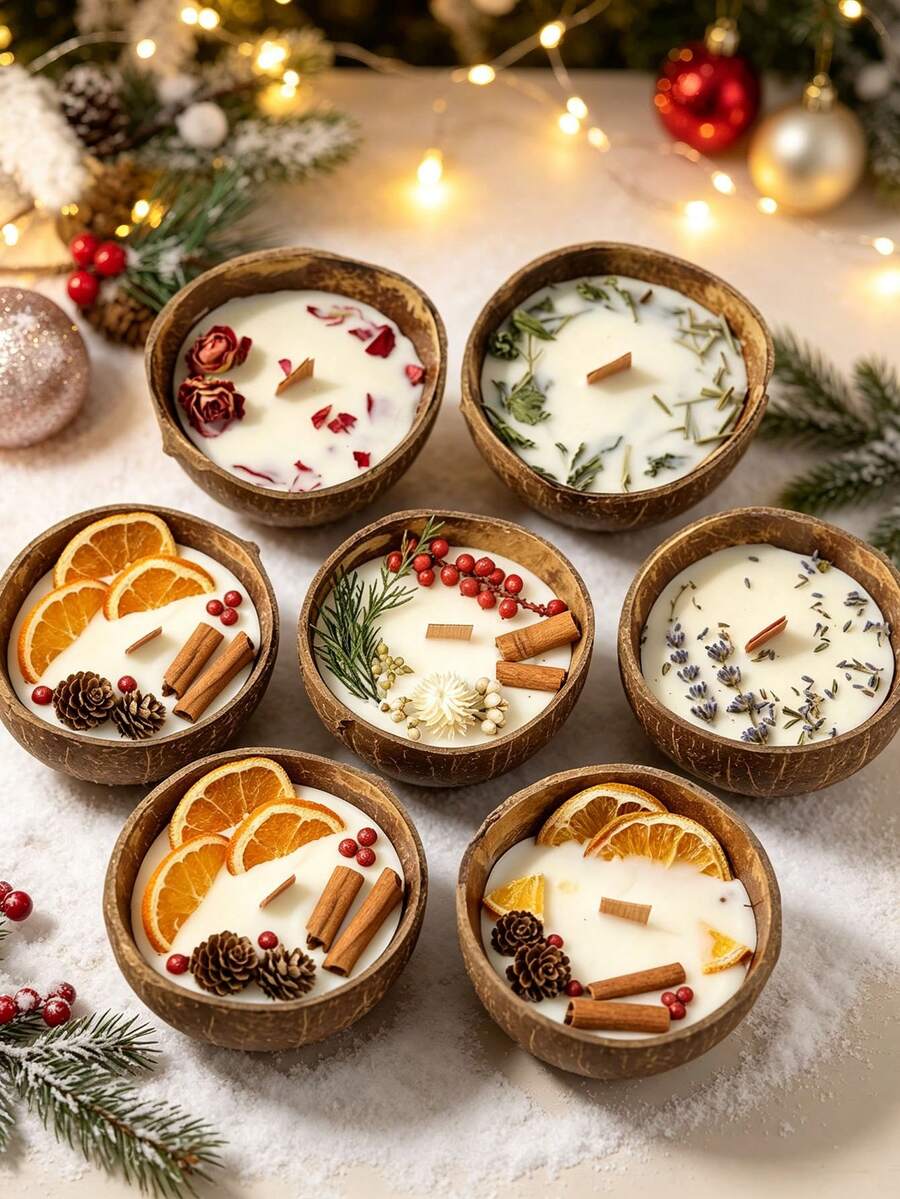 Christmas Coconut Shell Scented Candle, Soy Wax Wood Wick Aromatherapy Candle, Decorative Fragrance Home Candle, Holiday Table Decor, Perfect Christmas Gift, Create Warm And Cozy Atmosphere For Bedroom And Living Room - Multicolor - View 1