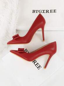 Korean Style Panne Velvet Bow Decor Pointed Toe Slip-On Stiletto Ultra High Heel Women's Shoes - Red - View 6