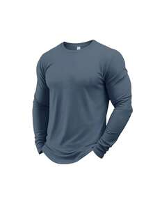Men's Basic Crew Neck Long Sleeve Top, Breathable Solid Color Long Sleeve T-Shirt, Daily Commute, Fitness, Sports, Base Layer - Grey - View 2