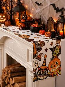 1pc Vintage Cartoon Halloween Table Runner, Beige Linen Long Style, Printed With Pumpkin, Cat And Ghost Patterns, Fun Retro Style Dining Table Decor, Suitable For Halloween Party, Kitchen And Seasonal Home Decoration - Multicolor - View 1