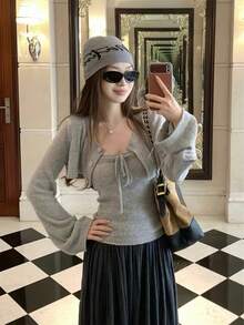 Setelan 2 Potong Cardigan Rajut Pendek Wanita dengan Model Bandeau Ikat Depan, Gaya Baru Musim Gugur - Grey - View 3